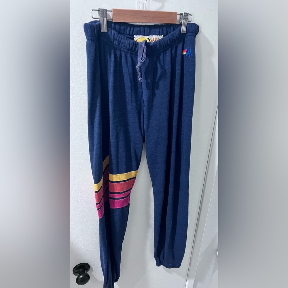 Aviator Nation Joggers with Colorful Pink and Yellow Stripes Navy Medium EUC - Picture 2 of 9